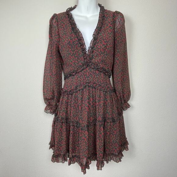 Marble‎ Floral Ruffle Mini Dress S Black Red Open Back Coquette Fairycore Goth - Picture 1 of 9